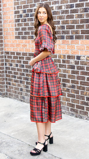 Christmas Plaid Silky Organza Tiered Midi Dress
