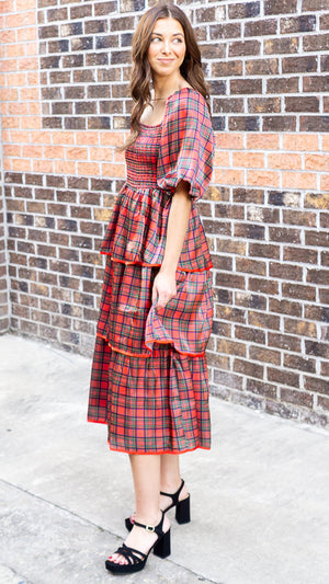 Christmas Plaid Silky Organza Tiered Midi Dress