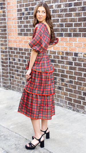 Christmas Plaid Silky Organza Tiered Midi Dress