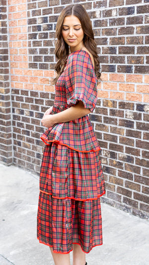 Christmas Plaid Silky Organza Tiered Midi Dress