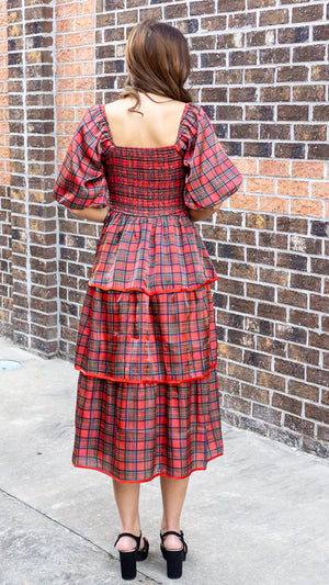 Christmas Plaid Silky Organza Tiered Midi Dress