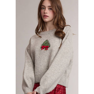 Bow Christmas Tree Embroidered Sweater