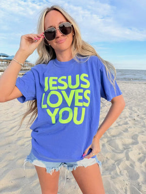 DASH FORWARD Women's Tees GRAPE / S Jesus Loves You Simple Block Neon Puff Tee JESUSLOVESYOUII