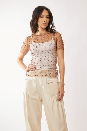 DAVI & DANI Women's Top Bead And Pearl Embellished Short Sleeves Mesh Top || David's Clothing