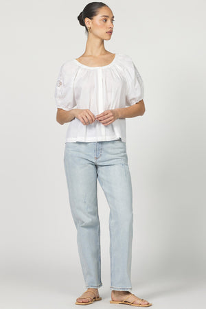 DEAR JOHN DENIM Women's Top Dear John Emiline Puff Sleeve Button-Up Laser Cut Embroidery || David's Clothing