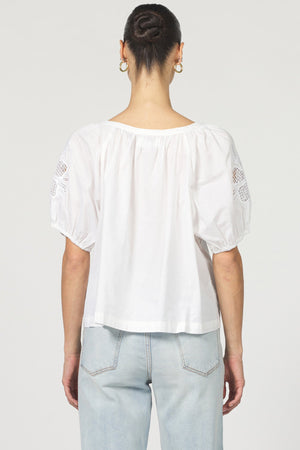 DEAR JOHN DENIM Women's Top Dear John Emiline Puff Sleeve Button-Up Laser Cut Embroidery || David's Clothing