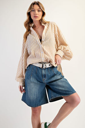 EASEL Women's Top Striped Button Down Loose Fit Shirt || David's Clothing