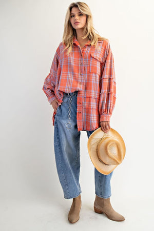 EASEL Women's Top Washed Plaid Shirt Tunic || David's Clothing