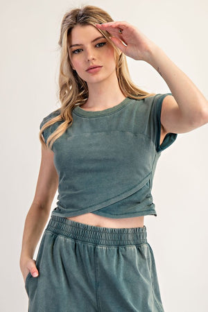 ee:some Women's Top S / TEAL Mineral Washed Short Sleeve Wrap Top || David's Clothing TH12484
