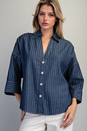 ee:some Women's Top Striped Button Down Back Pleat Blouse