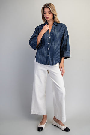 ee:some Women's Top Striped Button Down Back Pleat Blouse
