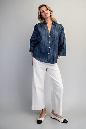 ee:some Women's Top Striped Button Down Back Pleat Blouse