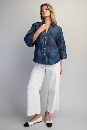 ee:some Women's Top Striped Button Down Back Pleat Blouse