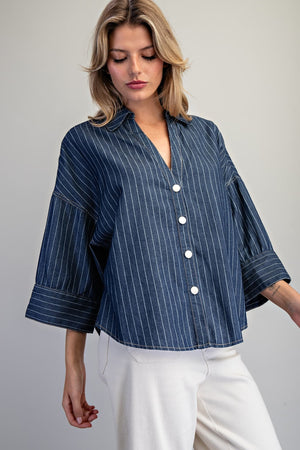ee:some Women's Top Striped Button Down Back Pleat Blouse
