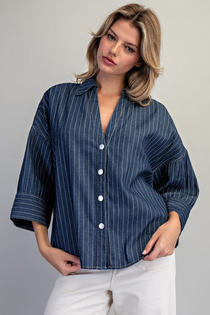 ee:some Women's Top Striped Button Down Back Pleat Blouse