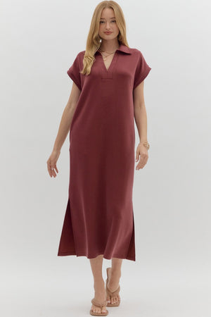 ENTRO INC Women's Dresses BURGUNDY / S Solid Split Collar Scuba Midi Dress D27543