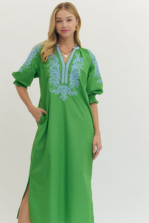 ENTRO INC Women's Dresses Embroidered V-Neck Half Sleeve Midi Dress