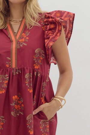 ENTRO INC Women's Dresses Floral Framed Border Pattern Flutter Sleeve Pullover Midi