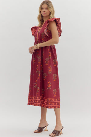 ENTRO INC Women's Dresses Floral Framed Border Pattern Flutter Sleeve Pullover Midi