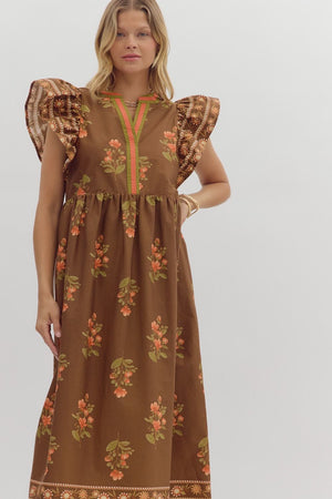 ENTRO INC Women's Dresses Floral Print Framed Flutter Sleeve Midi Dress