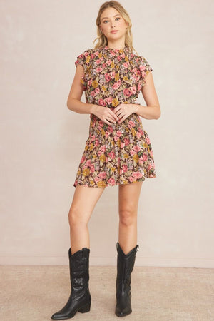 ENTRO INC Women's Dresses Floral Print Mock Neck Short Sleeve Mini Dress || David's Clothing