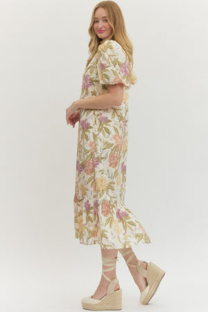 ENTRO INC Women's Dresses Floral Print Ruffled Neck Short Puff Sleeve Midi Dress