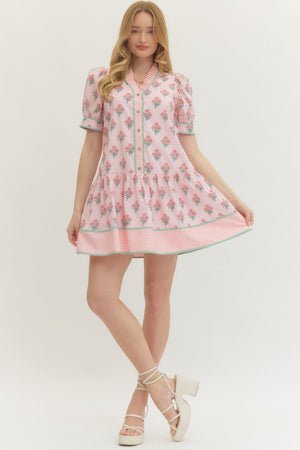 ENTRO INC Women's Dresses Floral Print Short Puff Sleeve Mini Dress