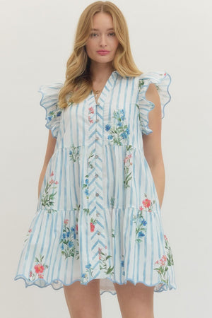 ENTRO INC Women's Dresses Floral Stripe Print Flutter Sleeve Mini Dress