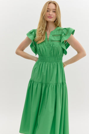 ENTRO INC Women's Dresses Flutter Sleeve Split V-Neck Pullover Tiered Midi Dress