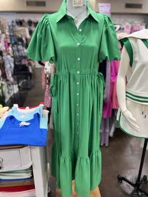 ENTRO INC Women's Dresses GREEN / S Shirt Collar Button Closure Short Bubble Sleeve Midi Dress D26615