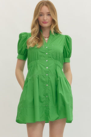 ENTRO INC Women's Dresses GREEN / S Solid short puff sleeve mini dress D29093
