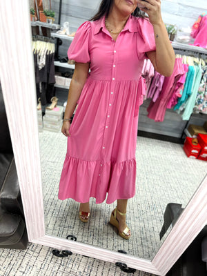 ENTRO INC Women's Dresses PINK / S Shirt Collar Button Closure Short Bubble Sleeve Midi Dress D26615