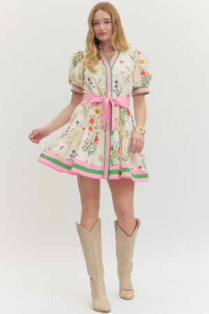 ENTRO INC Women's Dresses Pink Tie Floral puff sleeve mini dress