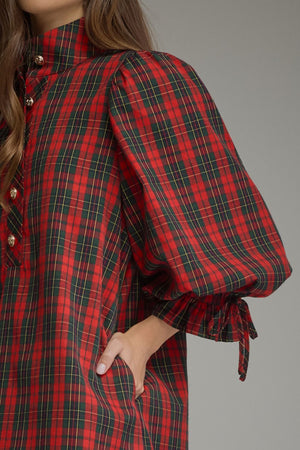 ENTRO INC Women's Dresses Plaid ¾ Balloon Sleeve Mini Dress