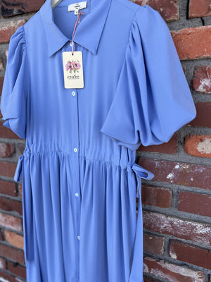 ENTRO INC Women's Dresses Shirt Collar Button Closure Short Bubble Sleeve Midi Dress