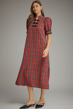 ENTRO INC Women's Dresses Tartan Plaid Short Puff Sleeve Midi Dress