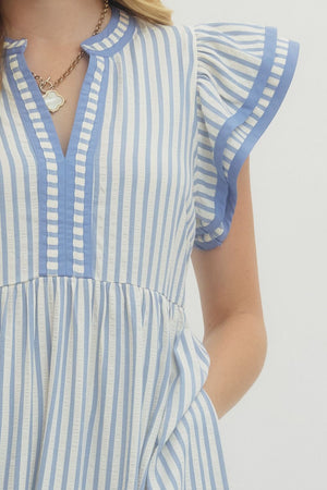 ENTRO INC Women's Dresses Textured stripe pattern tiered ruffle flutter sleeve