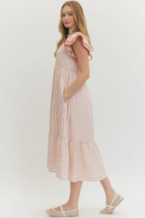 ENTRO INC Women's Dresses Textured stripe pattern tiered ruffle flutter sleeve