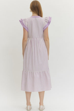 ENTRO INC Women's Dresses Textured stripe pattern tiered ruffle flutter sleeve