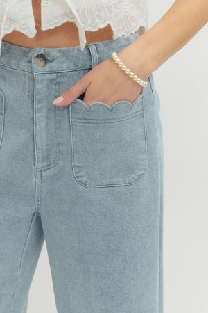 ENTRO INC Women's Jeans Solid Wide Leg Pants Featuring Scallop Accent Trim