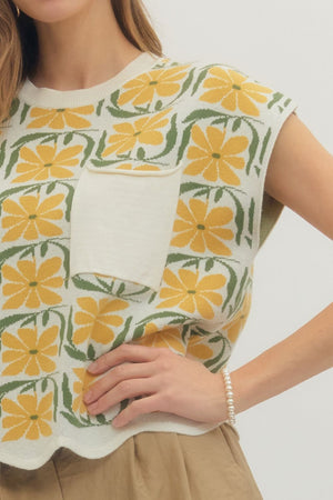 ENTRO INC Women's Sweaters Floral Knit Cap Sleeve Top