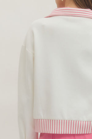 ENTRO INC Women's Top 1 - Take Pics of Green - Half Zip Striped Collar and Hem Top