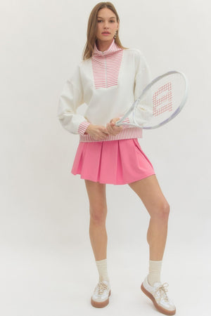 ENTRO INC Women's Top 1 - Take Pics of Green - Half Zip Striped Collar and Hem Top