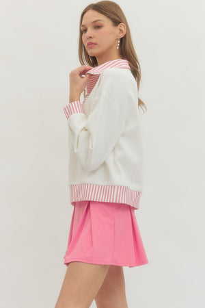 ENTRO INC Women's Top 1 - Take Pics of Green - Half Zip Striped Collar and Hem Top