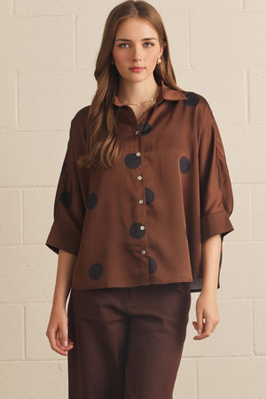 ENTRO INC Women's Top BROWN / S Polka Dot Collared 3/4 Sleeve Button Top T32212B