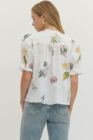 ENTRO INC Women's Top Floral Print Short Puff Sleeve Blouse