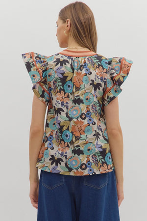 ENTRO INC Women's Top Multi-Floral Print Flutter Ruffle Sleeve Top || David's Clothing