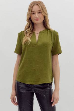 ENTRO INC Women's Top OLIVE / S Classic Split V-Neck Short Sleeve Pullover Top || David's Clothing T27130
