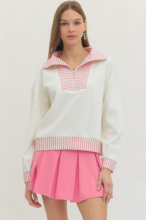 ENTRO INC Women's Top PINK / S 1 - Take Pics of Green - Half Zip Striped Collar and Hem Top T29712