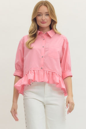 ENTRO INC Women's Top PINK / S Solid Short Sleeve Ruffle Hem Button-Down Top T28898
